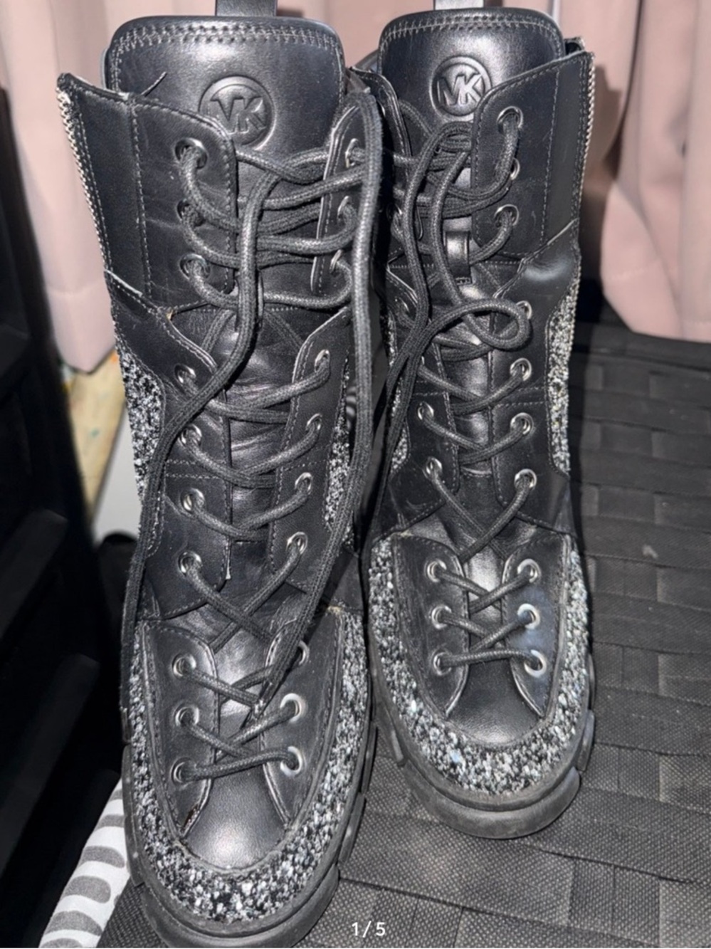 Michael Kors Black Leather Lace-Up Combat Boots with Glitter Trim